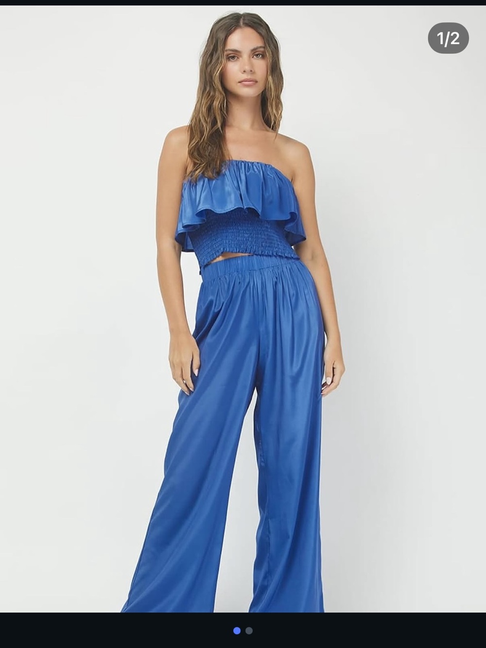 NWT Needii Smocked Ruffle Strapless 2 Piece Pant Set in Royal Blue - Small